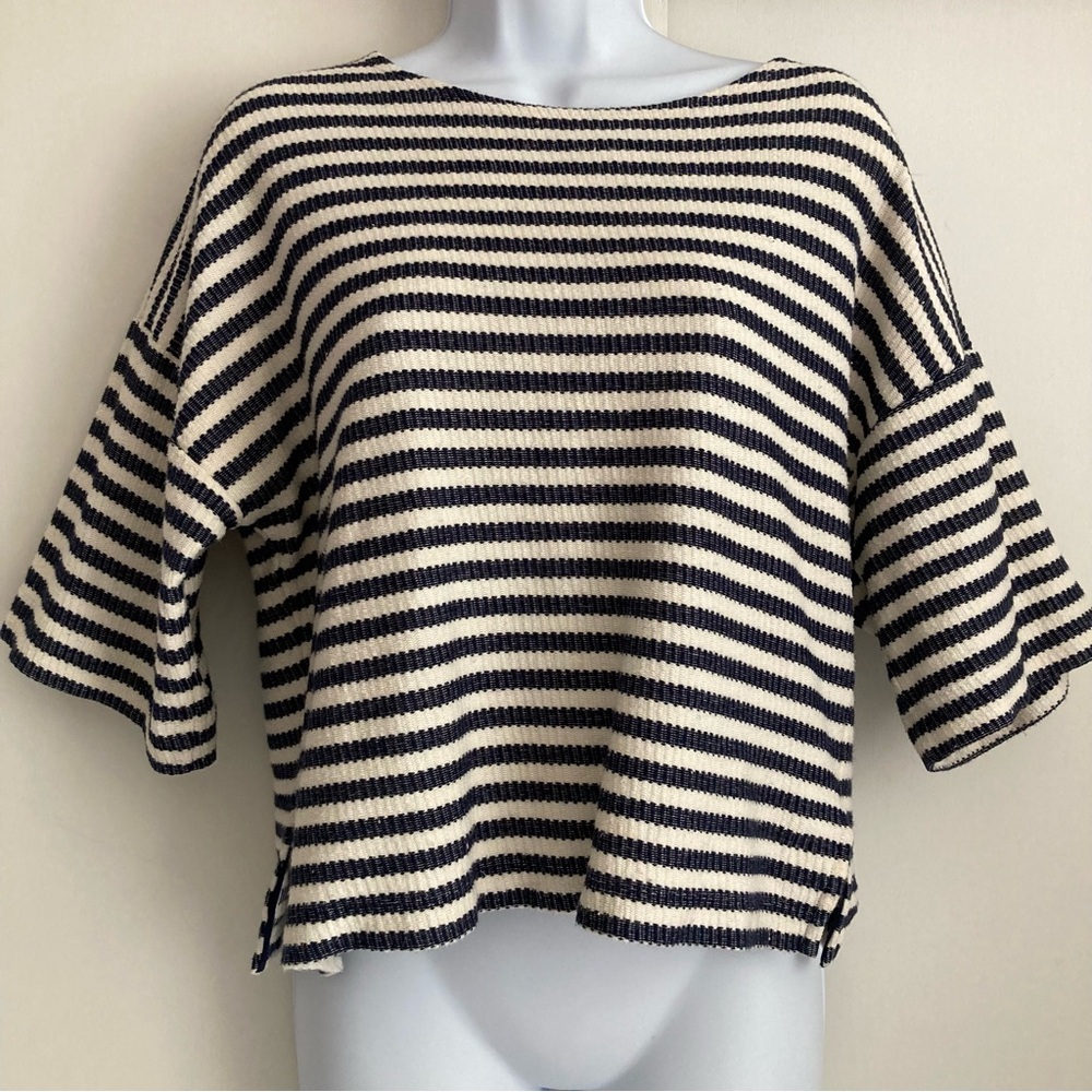 LA LIGNE 100% Cotton Striped Textured Knit Short Sleeve Boxy Top, Sz S